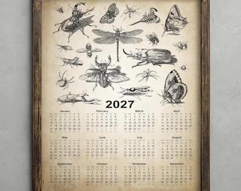Antique Insects 2027 Calendar, Rustic Insect Print, Vintage Farmhouse Wall Art Decor, Entomology Poster