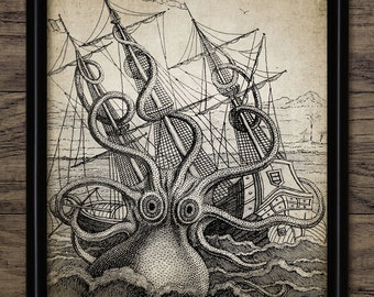Kraken Sea Monster Bathroom Wall Art, Printable Octopus, Legendary Sea Monster, Sailor, Superstition, Myth #196 INSTANT DOWNLOAD