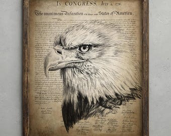 Bald Eagle Declaration of Independence Print, Eagle Pencil Drawing, American Decor, USA Wall Art, 4th of July United States Poster