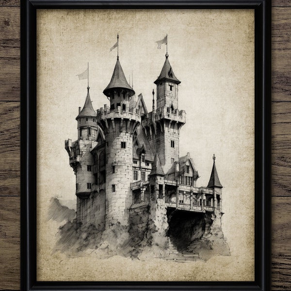 Castle Wall Art, Printable Medieval Castle, Whimsical Castle, Fantasy Knight's Fortified Stronghold, Middle Ages #4295 INSTANT DOWNLOAD