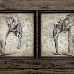 Afrikanischer und indischer Elefant, Wandkunst Set, 2er Set, Elefant, Weltkarte, Elefant, Pen und Ink, bedruckbarer Elefant #3106 SOFORTIGER DOWNLOAD