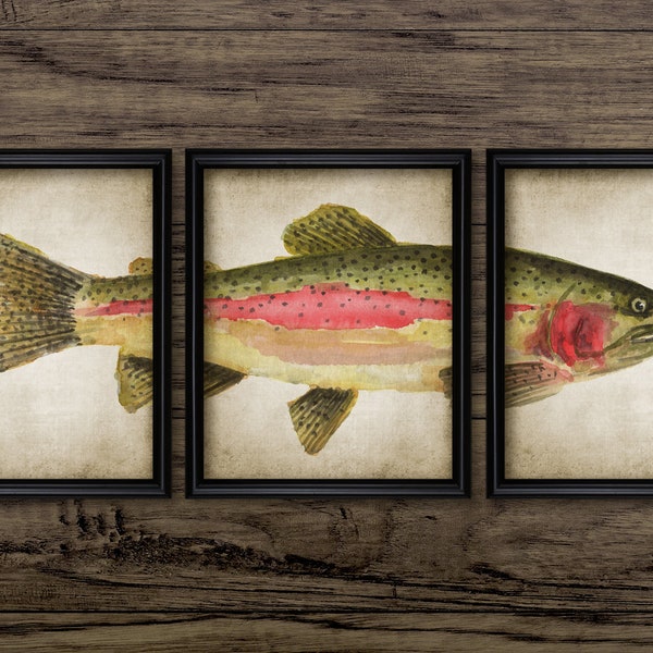 Rainbow Trout Watercolor Painting Set Of 3, Printable Fish, Angling, Fisherman, Steelhead Trout Fishing Gift Idea #3705 INSTANT DOWNLOAD