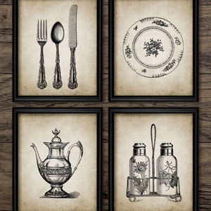 May include: A set of four vintage kitchen prints featuring black and white illustrations of a fork, knife, spoon, plate, teapot, and salt and pepper shakers.