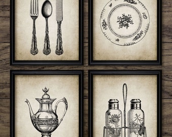 May include: A set of four vintage kitchen prints featuring black and white illustrations of a fork, knife, spoon, plate, teapot, and salt and pepper shakers.