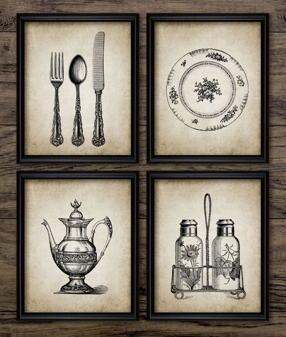 Vintage Dining Wall Art Set Of 4, Printable Cutlery, Silverware, Tableware, Dining Plate, Salt And Pepper Pot, Teapot #2233 INSTANT DOWNLOAD