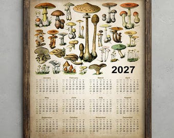 Antique Mushrooms 2027 Calendar, Rustic Mushroom Print, Vintage Farmhouse Wall Art Decor, Woodland Flora Poster