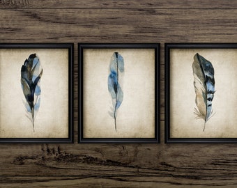 Blue Feather Watercolour Painting Art Set Of 3, Printable Feathers, Bird Feather, Blue Jay Feather #3052 INSTANT DOWNLOAD