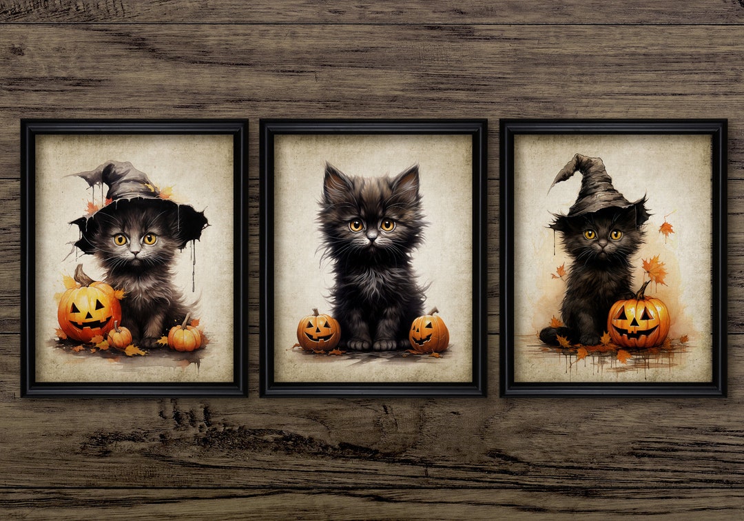 Halloween Kitten Wall Art Set of 3, Printable Cute Kittens, Pumpkin ...