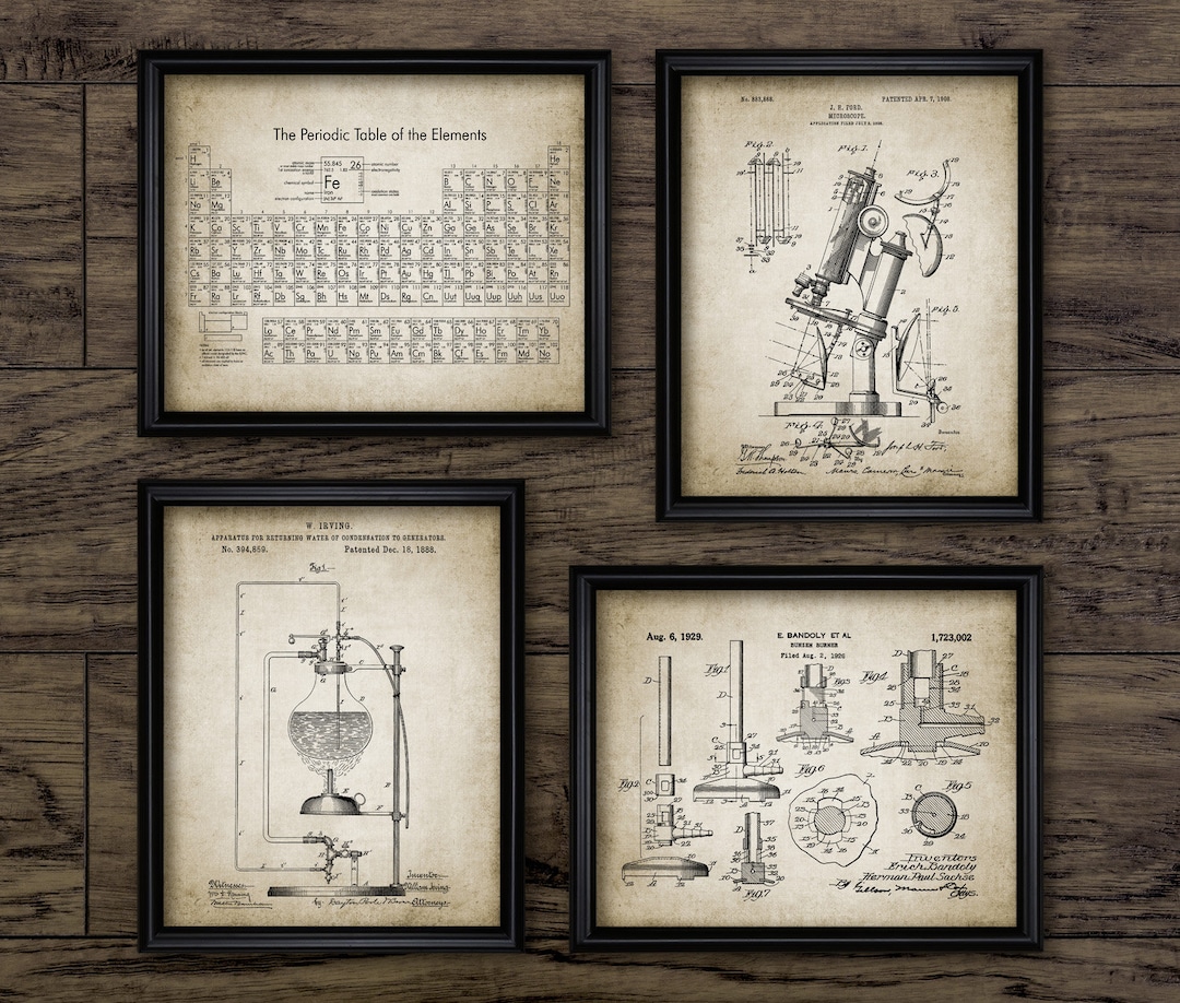 Vintage Science Wall Art Set of 4, Periodic Table, Microscope, Bunsen ...
