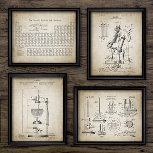Vintage Science Wall Art Set Of 4, Periodic Table, Microscope, Bunsen Burner, Laboratory, Chemistry, Chemical Element #3211 INSTANT DOWNLOAD