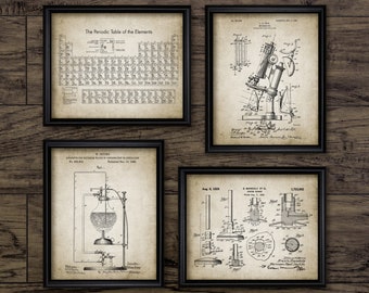 Vintage Science Wall Art Set Of 4, Periodic Table, Microscope, Bunsen Burner, Laboratory, Chemistry, Chemical Element #3211 INSTANT DOWNLOAD