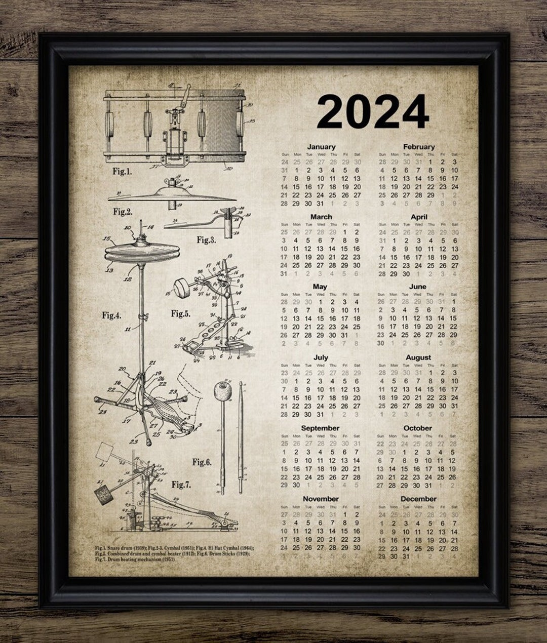 Drum Kit Calendar 2024, Vintage Drum Design, Drummer Gift Idea, 2024