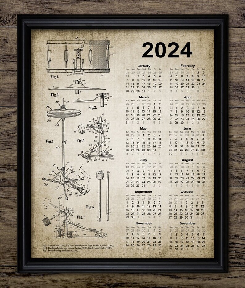 Drum Kit Calendar 2024, Vintage Drum Design, Drummer Gift Idea, 2024