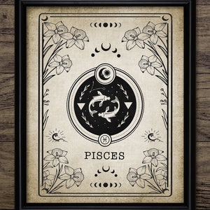 Pisces Sternzeichen Druck, Astrologie Illustration, Tarot Karte himmlische Weissagung, Start Schild Vintage Wand Kunst #4028 SOFORT DOWNLOAD