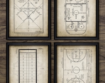 Sport Wall Art Set Of 4, Printable Sports, Baseball Field, Football Field, Basketball Court, Ice Hockey Rink Schematic 3249 INSTANT DOWNLOAD