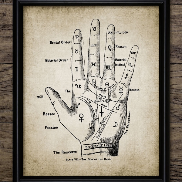 Impression d'art mural chiromancie, prédire la bonne aventure, lecture de paume, lecteurs de paume, impression de chiromancie, étude de la paume #339 TÉLÉCHARGEMENT IMMÉDIAT