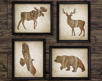 Animal Wall Art Set Of 4, Printable American Moose, Bald Eagle, Buck Deer, Grizzly Bear, Rustic Cabin, Game Hunting #3240 INSTANT DOWNLOAD