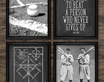 Juego de 4 láminas de béisbol vintage para pared, deporte de béisbol, diamante de béisbol, jugador de béisbol imprimible, lanzador n.° 3816, descarga instantánea