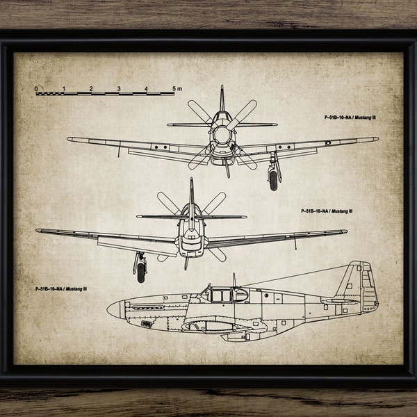 USAF Wall Art, Printable P-51 Mustang Aircraft, North American Fighter Aircraft Design, Plane Schematic, World War Two #966 INSTANT DOWNLOAD