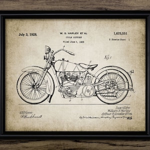 May include: Black and white line drawing of a motorcycle with the text "July 3, 1928. W. S. Harley et al Cycle Support Filed June 5, 1925 1,675,551 2 Sheets-Sheet 1" and "Inventors William S Harley Arthur R Constantine" at the bottom.