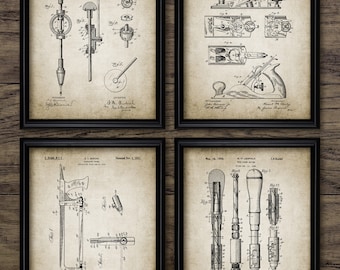 May include: Four vintage patent drawings for tools. The top left drawing shows a hand drill, the top right drawing shows a bench plane, the bottom left drawing shows a saw, and the bottom right drawing shows a drill bit.