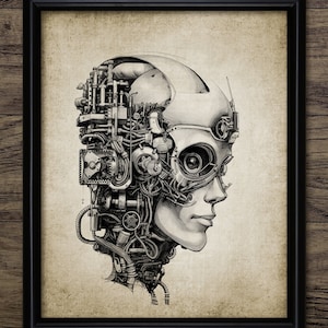Puede incluir: Un dibujo en blanco y negro de una cabeza robótica con intrincados engranajes y cables. La cabeza está de perfil, con un solo ojo visible. El dibujo está sobre un fondo texturizado.