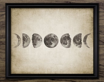 Moon Phases Watercolor Painting, Printable Moon Phases Wall Art, Moon Watercolor Wall Art Print, Lunar Astronomy #3582 INSTANT DOWNLOAD