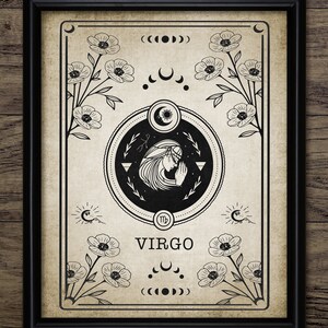 Stampa zodiacale Vergine, illustrazione astrologica stampabile, divinazione celeste con carte dei tarocchi, segno zodiacale vintage da parete #4032 DOWNLOAD IMMEDIATO