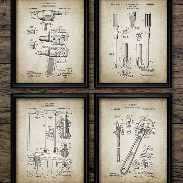 Vintage-Werkzeug-Wandkunst-Set von 4, druckbares DIY, Schraubendreher, Bohrer, Schraubenschlüssel, Werkzeugdesign, Mechaniker #1208 SOFORTIGER DOWNLOAD