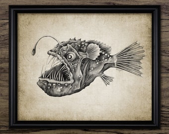 Anglerfish Print, Deep Ocean Marine Biology Illustration, Angler Fish Sketch, Creepy Fish Wall Art, Single Print #3974 - INSTANT DOWNLOAD