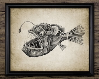 Anglerfish Print, Deep Ocean Marine Biology Illustration, Angler Fish Sketch, Creepy Fish Wall Art, Single Print #3974 - INSTANT DOWNLOAD