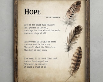 Hope by Emily Dickinson, Poetry Wall Art, Inspirational Wall Art, Hope Is The Thing With Feathers Poem, Vintage Rustic Farmhouse Decor