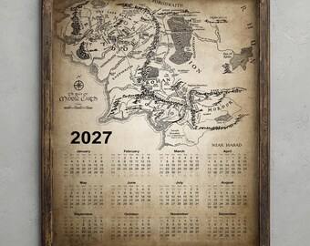 Lord of the Rings Map 2027 Calendar, Rustic Decor, Vintage LOTR Poster, Middle Earth Print