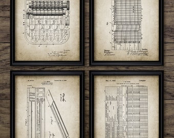 May include: A set of four vintage patent prints featuring drawings of a mechanical adding machine, a gridded chart, a slide rule, and a ledger sheet. The prints are in black and white and have a distressed, aged look.