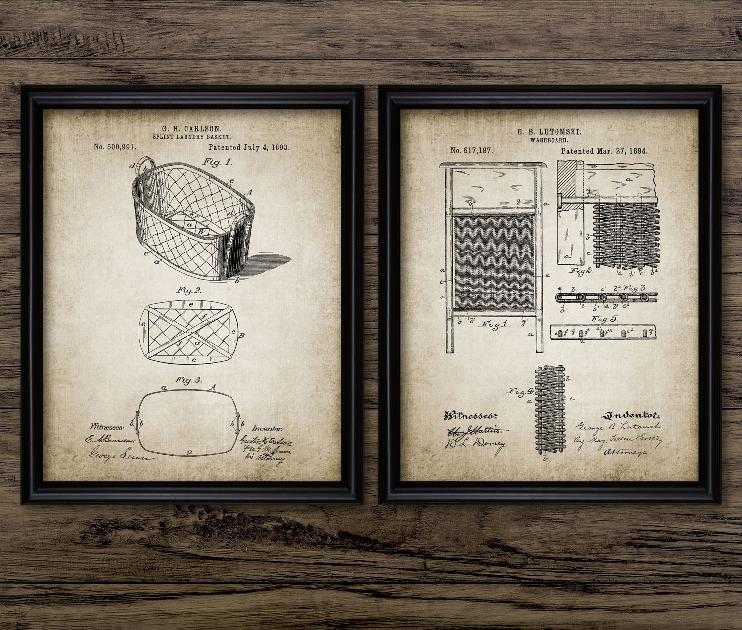 Laundry Patent Print Set Of 2 - Vintage Laundry Basket - Washboard Design - Home Decor - Set Of Two Prints #2248 - INSTANT DOWNLOAD
