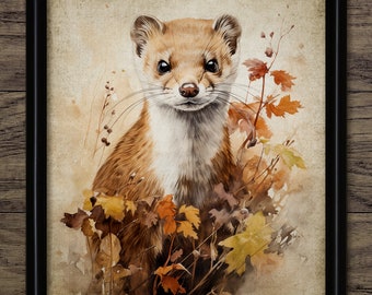 Stoat Wall Art, Printable Ermine, Autumn Fall Wall Art, Woodland Animal Painting, British Wildlife #4473 INSTANT DOWNLOAD