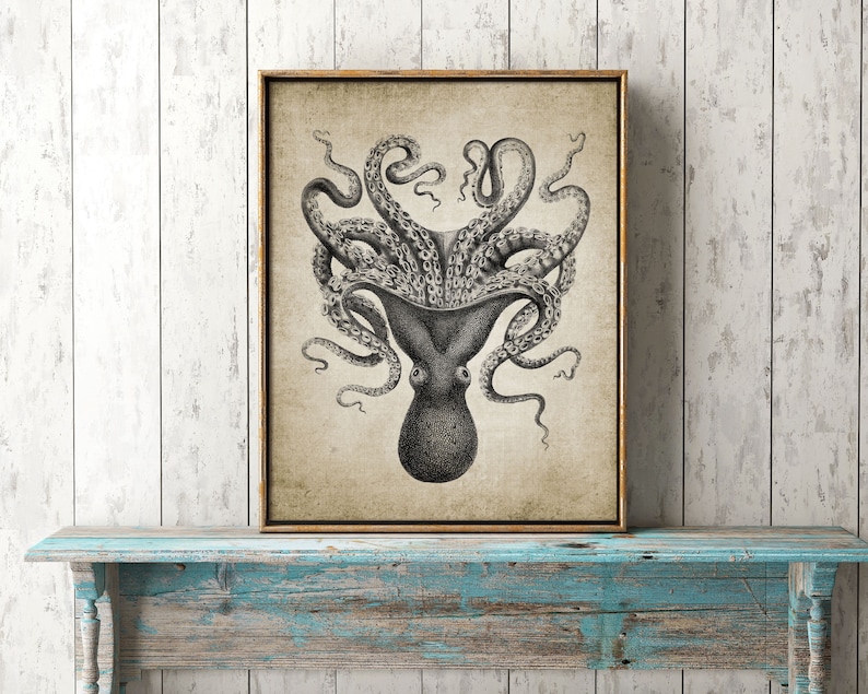 Octopus Wall Art Print Rustic Bathroom Decor Octopus Poster Etsy