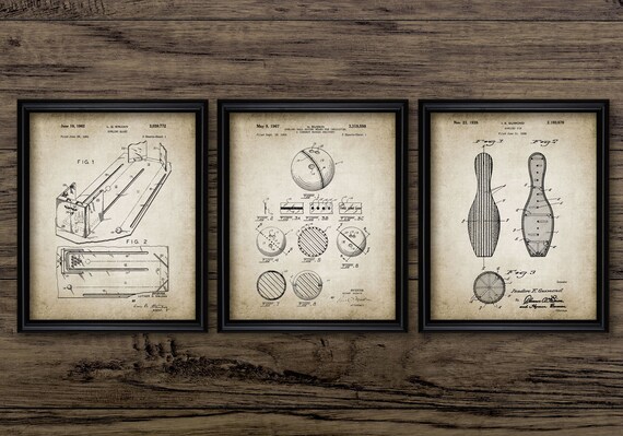 Bowling Alley Bowling Pins Bowling Ball Ten Pin Bowling Patent Prints Set 3 Posters Bowling Alley Bowling Pins Bowling Ball Ten Pin Bowling Patent Prints Set 3 Posters