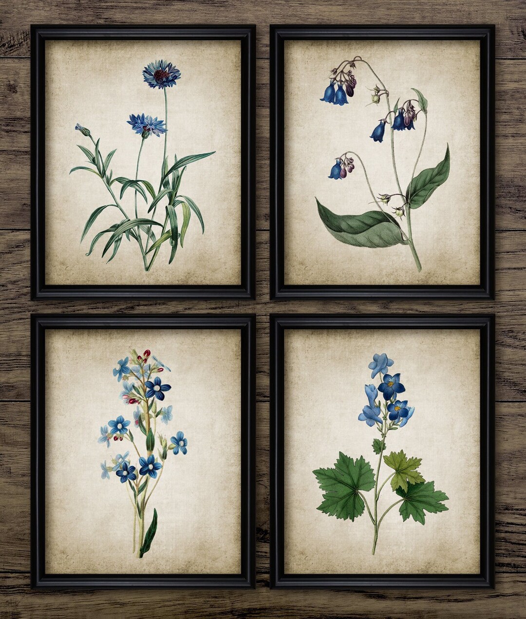 Blue Flower Wall Art Set of 4, Printable Blue Flowers, Vintage ...