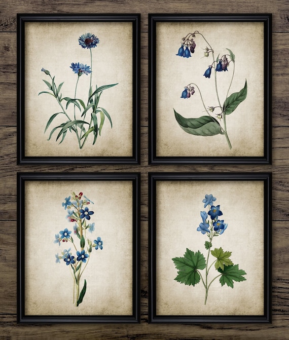 Blue Flower Wall Art Set of 4, Printable Blue Flowers, Vintage