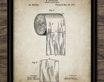 Toilet Paper Roll Patent, Printable Bathroom Art, Vintage Patent, 1891 Toilet Roll, Bathroom Decor, Bathroom Wall Art #322 INSTANT DOWNLOAD