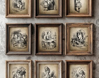 Alice in Wonderland Wall Art Print Set of 9, Vintage Nursery Home Decor, Antique Children Book Illustrations, Girls Room Wall Art