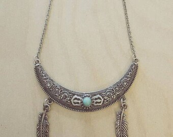 Silber aztekische Halskette mit türkisen Stein + Feder Akzente
