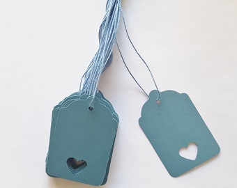 25 Blue strung tags, 69mm x 44mm swing tickets, gift labels with heart shape cut out