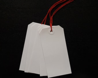 25 WHITE LUGGAGE TAGS 120MM X 60MM  GIFT LABELS TIE ON TICKETS WITH RED STRING 