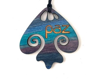 Spanish and Portuguese Word for Peace on a Blue Wood Pendant
