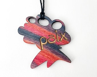 French Word for Peace on a Red Wood Pendant!
