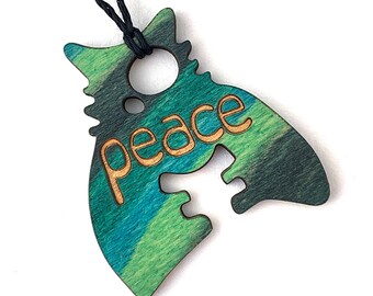 English Word for Peace on a green wood pendant!