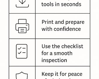 May include: An infographic titled "HOW IT WORKS" with four steps. The steps include downloading tools, printing and preparing, using a checklist, and keeping it for peace of mind and protection. Each step has a corresponding icon.