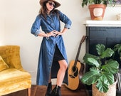 Vintage 90s Long Jean Dress Jacket Long Sleeve Denim Shirt Dress Long Denim Maxi Dress Button Down 90s Minimalist Shirtdress S